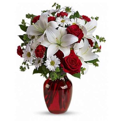 <div class="m-pdp-tabs-description">
<div id="mark-1" class="m-pdp-tabs-marketing-description">

 

<hr />

The spirit of love and romance is beautifully captured in this enchanting bouquet. It's the perfect gift for anyone you love.

</div>
</div>
Red roses and carnations are exquisitely arranged with white asiatic lilies and chrysanthemums in a ruby red glass vase. It's lovely.