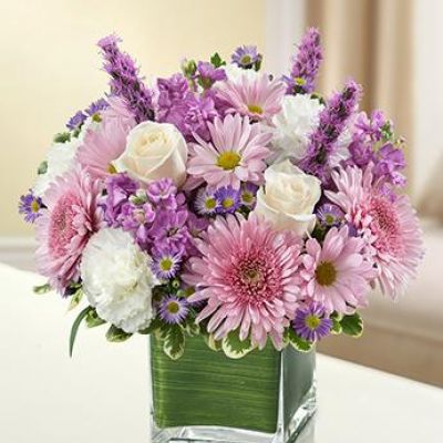 This bouquet features a lavender and white arrangement of roses, stock, liatris, cremones, carnations, daisy poms and monte casino, accented with variegated pittosporum
artistically designed by our florists in a classic clear glass cube vase lined with a Ti leaf ribbon.